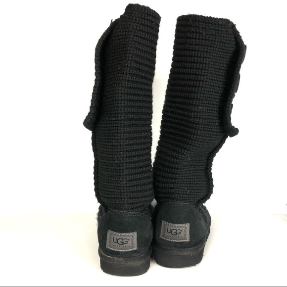 UGG Women’s Crochet Shearling Classic Cardy Black Knit Fold Over Button Boots - Picture 5 of 9